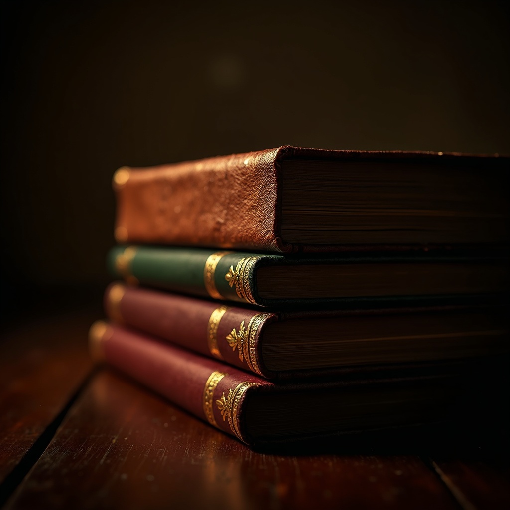 A stack of leather-bound rare books with gold-embossed spines